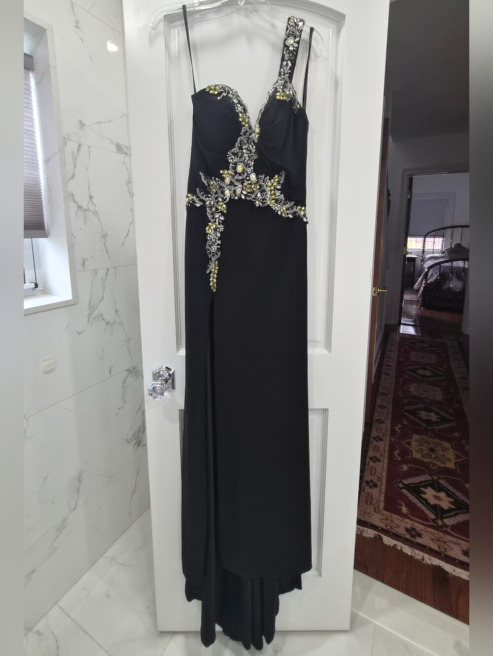 Terani Couture Black Gown with Gold & Silver Crystal Accents